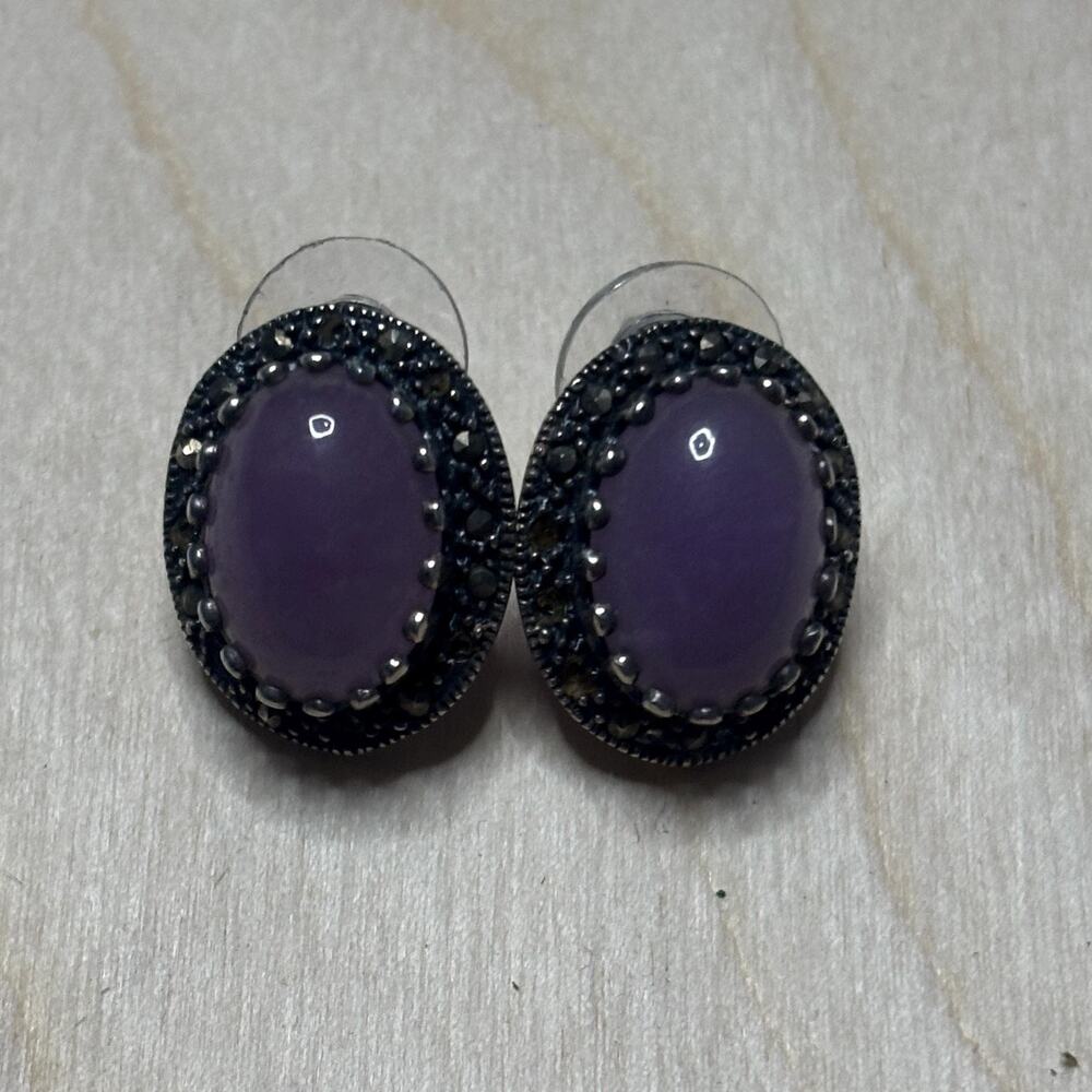 Vintage 925 Sterling Silver Lavender Jade Marcasite Oval Stud Earrings - Picture 3 of 6